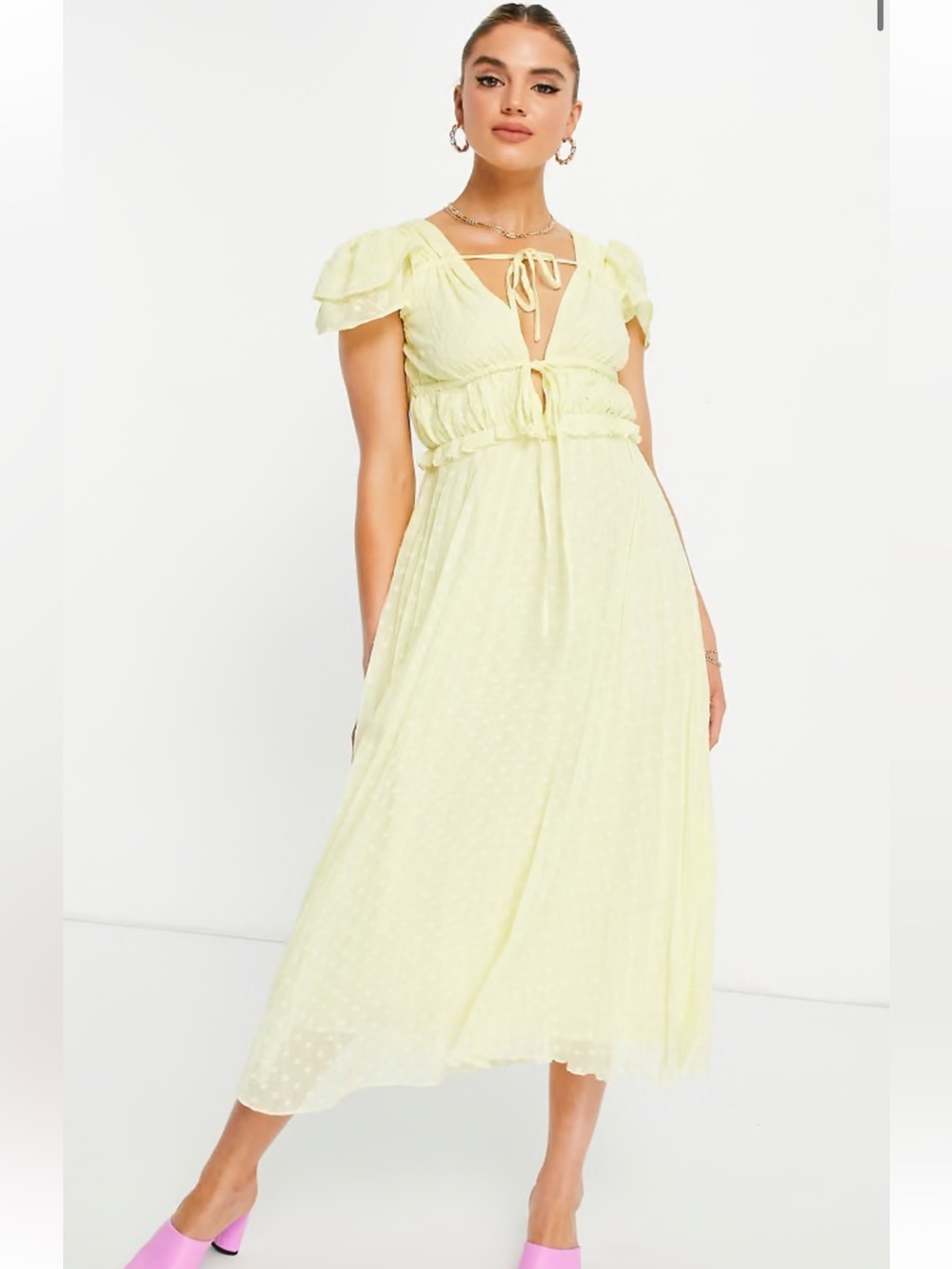 ASOS Plunge Pleated Midi Dress In Broderie Textured In Yellow size 8